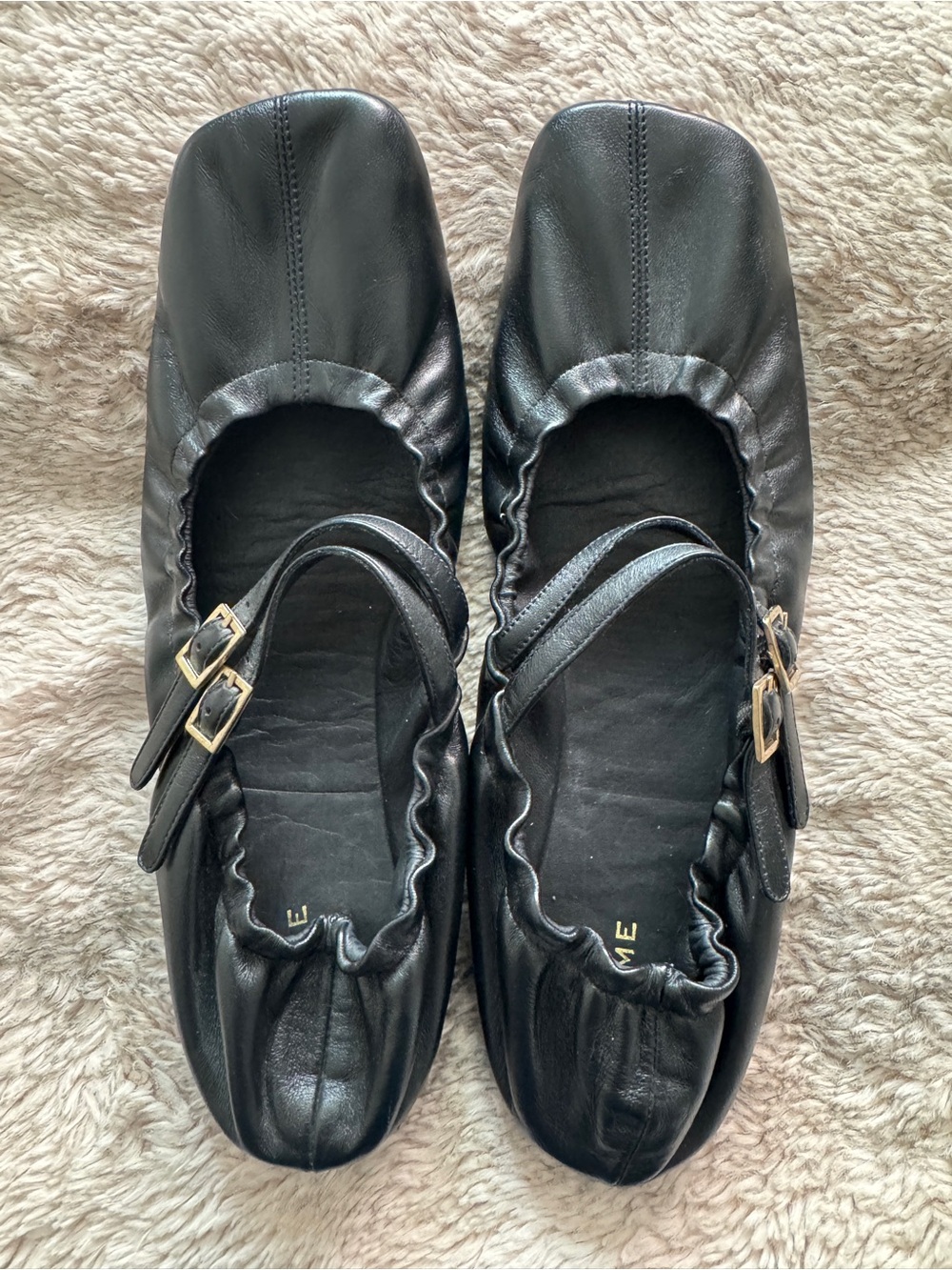Frame Denim Black Leather Mary Jane Ballet Flats with Dual Buckles